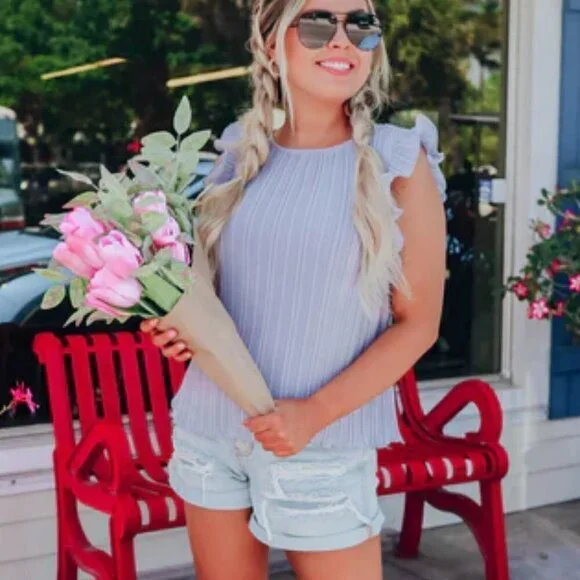 NWT She + Sky Pleated Chiffon Blouse Small Blue Flutter Sleeve Top - Picture 4 of 4